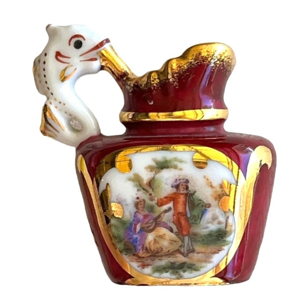 VTG Limoge Porcelain Miniature Pitcher Decorative Handle RED WHT  Gold Accents